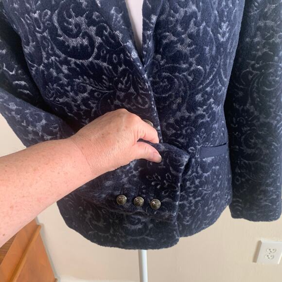 Cabi Size 4 Women's Brocade Single Button Blazer Navy Blue Jacquard Print - Picture 6 of 12